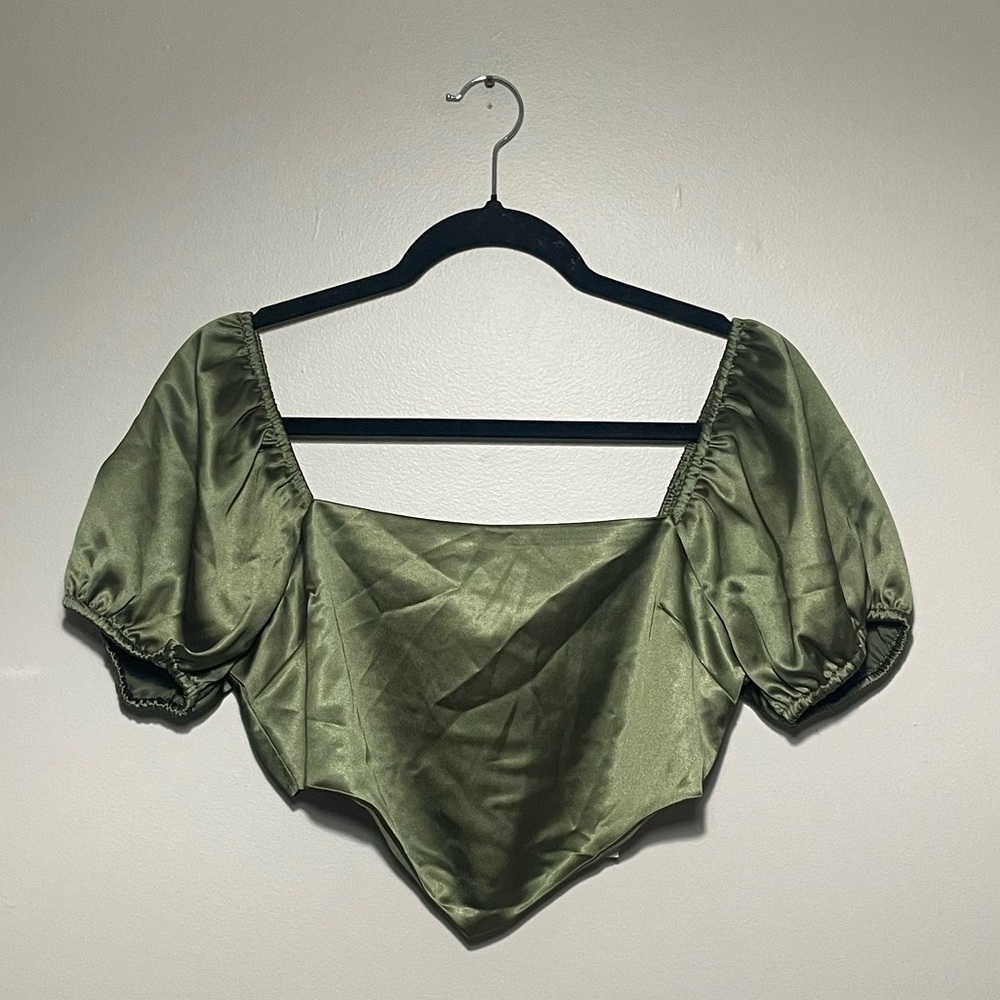 Olive Green Satin Puff Sleeve Crop Top